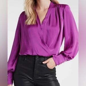 Express satin draped wrap blouse top